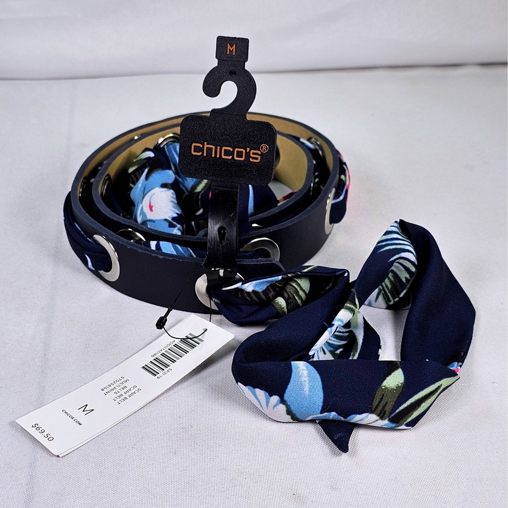 Chicos Scarf Belt Navy Blue Floral Multi Print Grommet Tie Waist Medium NWT